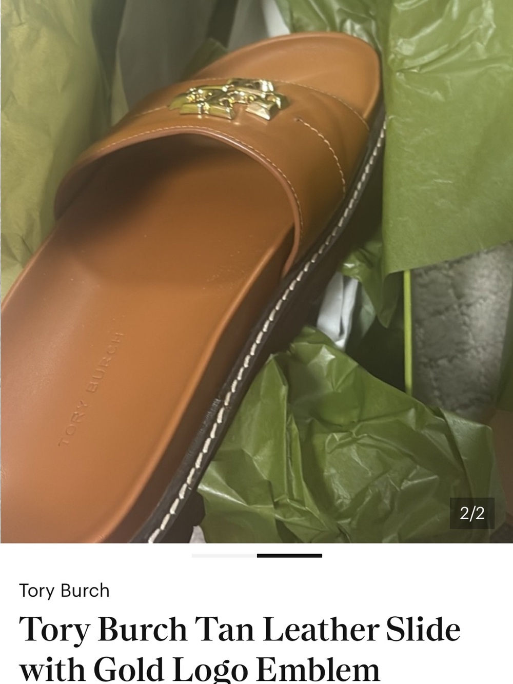 Tory Burch Tan Leather Slide with Gold Emblem